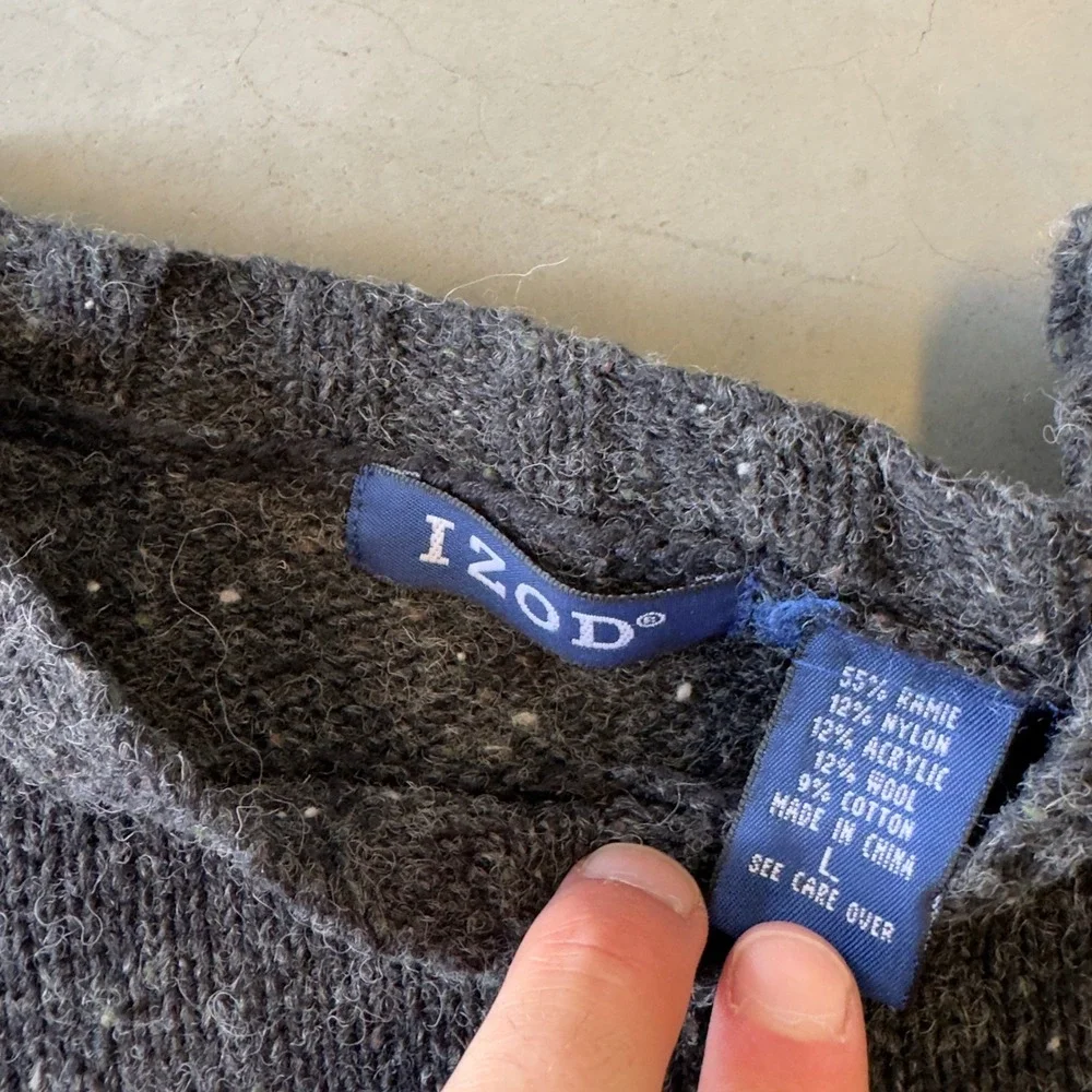 IZOD Mens Crewneck Sweater Large Gray Wool Blend Striped Long Sleeve Pullover
